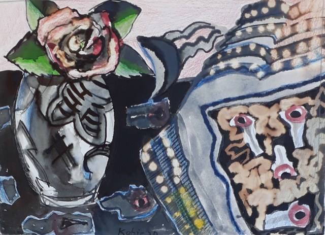 ink bleach on paper still life with camellia